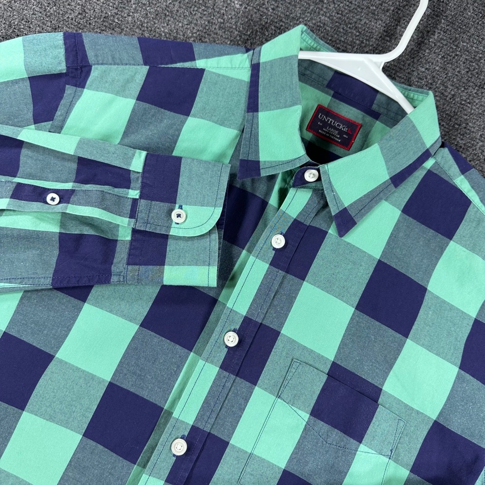 UNTUCKit Button‎ Down Mens L Large Green Navy Buffalo Check Plaid Cotton Shirt